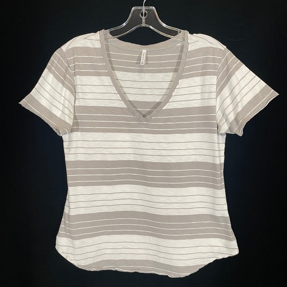 Z Supply Striped V-Neck Tee Taupe White Cotton Slub Casual S